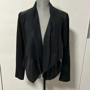 Drape Front Faux Leather Open Jacket Pockets, Size M